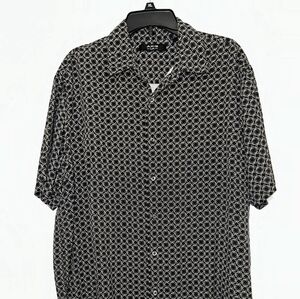 Axis LA Mens Silk XL Black White Geometric Pattern Short Sleeve Button Up Shirt